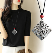 百搭藏银项链女长款 毛衣链四方来财花吊坠复古大气民族风衣服配饰