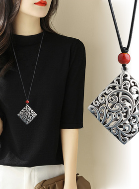 百搭藏银项链女长款毛衣链四方来财花吊坠复古大气民族风衣服配饰