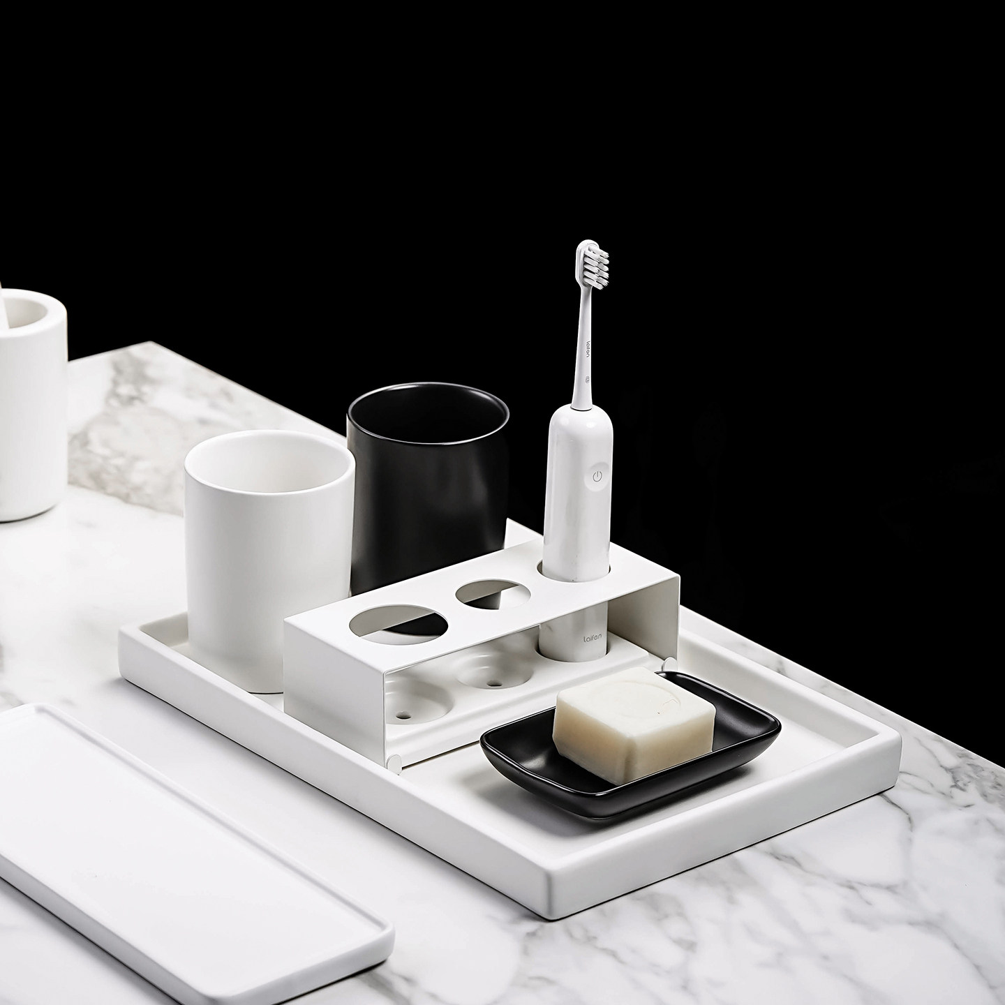 简约黑白纯色沥水牙刷置物架陶瓷托盘收纳底座卫生间双人洗漱套装