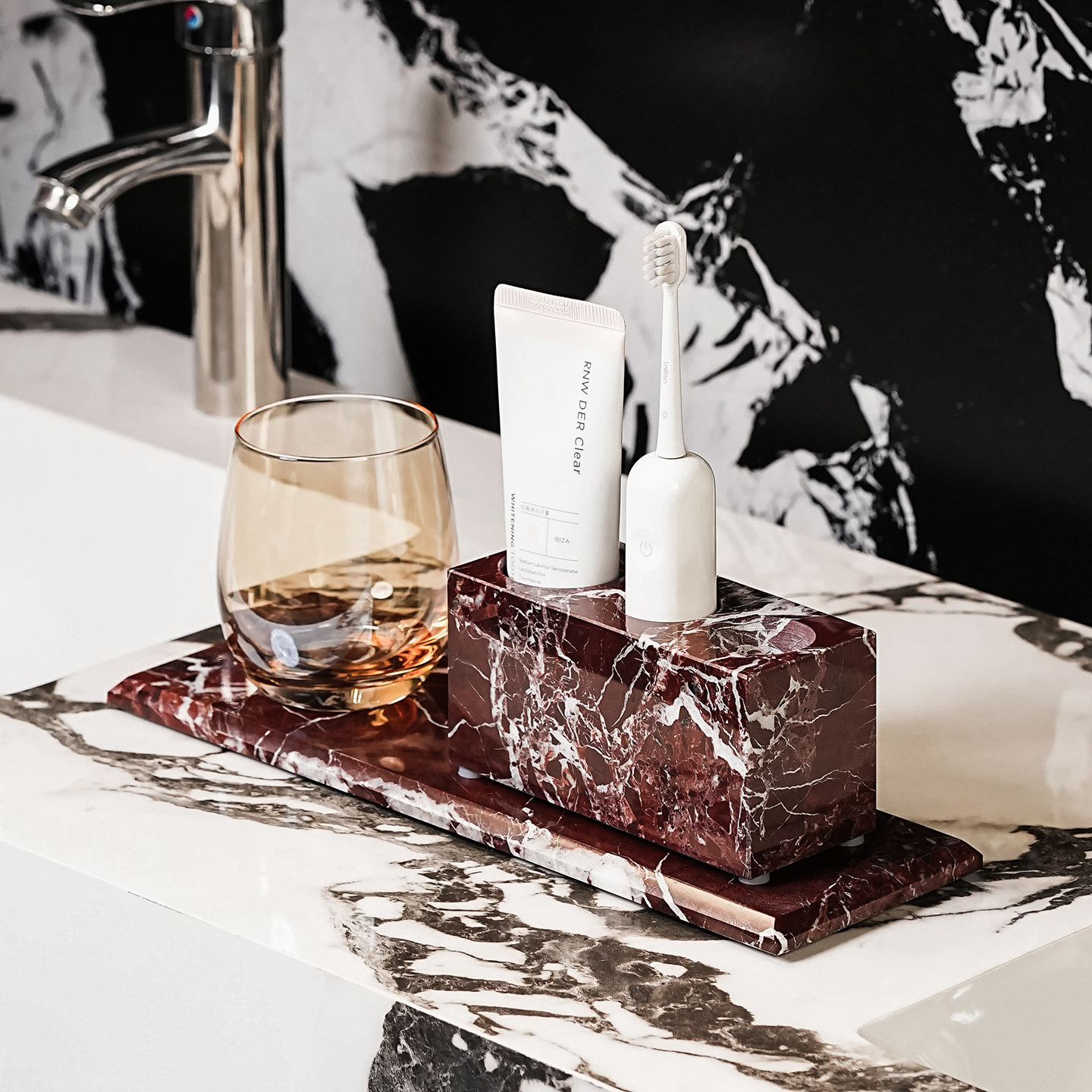 奢石电动牙刷置物架卫生间单双人洗漱套装中古风紫罗红大理石托盘