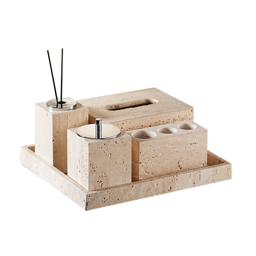 天然大理石黄洞石侘寂中古风卫生间置物架洗漱卫浴五件套摆件托盘