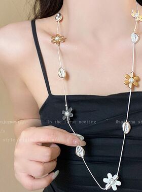 撞色双层花朵可带项链女款海边度假风锁骨链日常百搭长款颈链配饰
