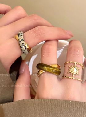 审美出圈~虎眼石太阳花交叉双圈戒指女款小众独特食指戒夸张指环