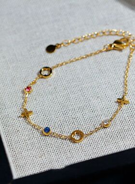 vintage古着手链小众轻奢高级感金色镂空镶钻叠戴手链女