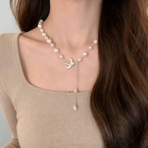 清冷感银色飞鸟水滴仿珍珠项链女款轻奢小众设计感Y型串珠锁骨链