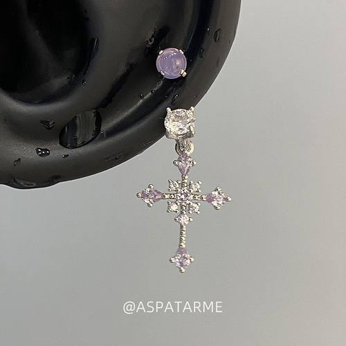 阿斯巴甜 紫色超闪锆石十字架马蹄环耳坠女高级感满钻耳钉