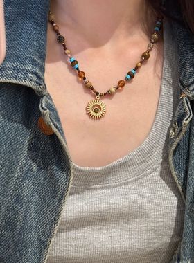中古风串珠项链女2025新款小众复古民族风锁骨链夏天气质百搭配饰