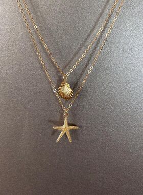 「biu boom」中古金色海星贝壳项链海边度假风复古叠戴双层锁骨链