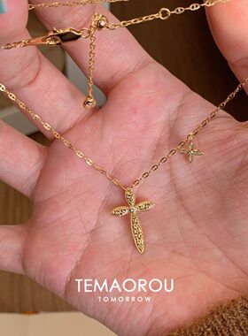 复古vintage金色碎冰冰十字架项链轻奢百搭高级感锁骨链女夏新款