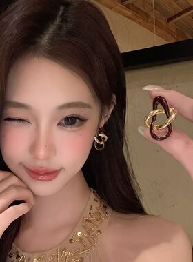 复古港风设计扭曲几何双环耳钉极简风时尚高级感新款耳夹耳饰女