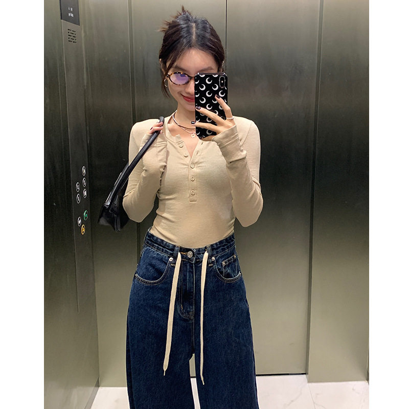 高级感圆领纽扣t恤女2024春季修