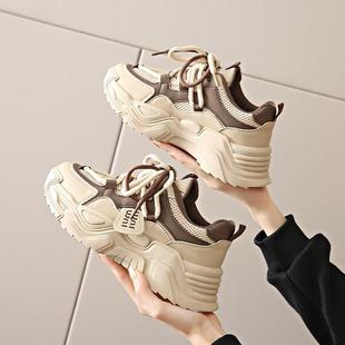 运动春鞋女季202气5新款网面透网鞋便软底子小个厚轻底增高老爹鞋