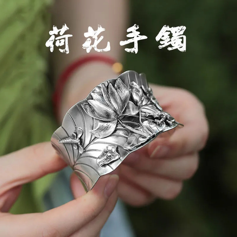 新款S999镀银荷花手镯女手工浮雕莲花蜻蜓复古泰银民族风夸张镯子