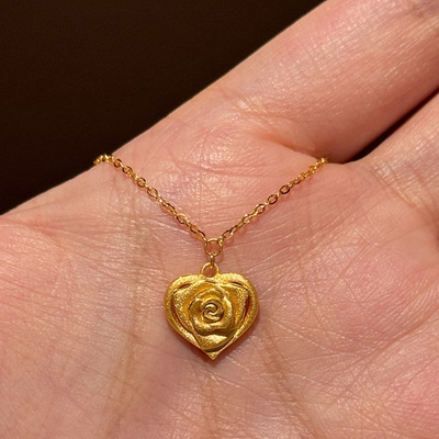 vintager法式复古镀18K金立体玫瑰爱心项链浪漫宫廷精美桃心吊坠