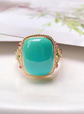 【大方绿】仿绿松石彩宝戒指镀18K金复古高贵大气送礼可调节指环