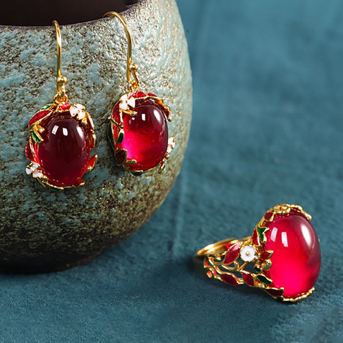 S925银镀金珐琅彩戒指耳环套装