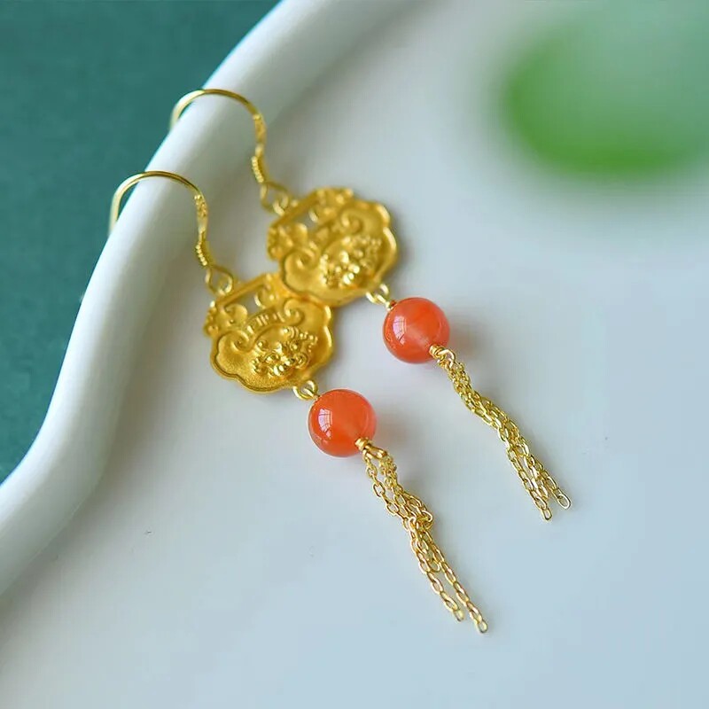 招财金狮 红南流苏鎏金醒狮耳环樱桃耳坠女网红古风s925银耳饰