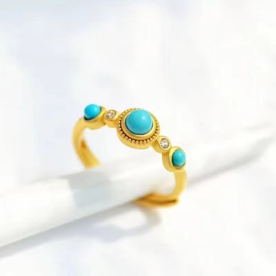 民族风仿绿松石戒指女士镀18K金复古典雅风轻奢小众可调节指环