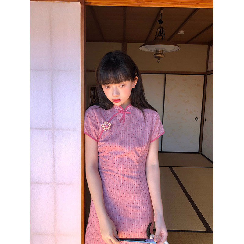 嘿山姥姥粉色新中式洋装子女夏设计感修身小个子改良版旗袍长裙