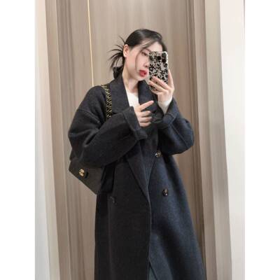 黑灰色双面羊绒大衣女中长款2025秋冬新款韩版宽松高端羊毛呢外套
