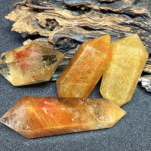 天然金发晶钛晶水晶柱子原石打磨双尖柱黄铜顺发原矿家居装饰摆件
