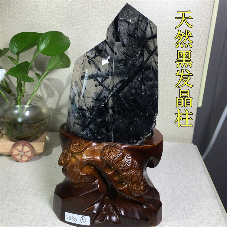 天然黑发晶柱顺发彩虹装饰摆件