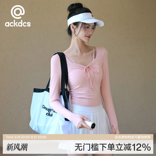 Ackdcs带胸垫运动T恤女秋季新款抽褶瑜伽上衣跑步运动长袖健身衣