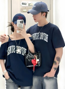 情侣装t恤2025新款夏小众设计感藏蓝色宽松休闲短袖美式潮牌百搭
