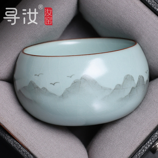 寻汝陈全贵大师汝窑手绘主人杯天青色高档开片陶瓷功夫茶杯茶具