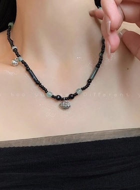 新中式民族风平安锁项链女复古串珠毛衣链小众高级感锁骨链配饰女