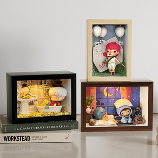 泡泡玛特盲盒公仔收纳diy手工中空长方形立体相框摆台摆件led空框