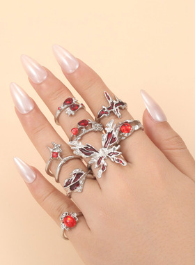 跨境新款个性组合戒指 欧美夸张红色蝴蝶爱心点钻8件套装戒指手饰
