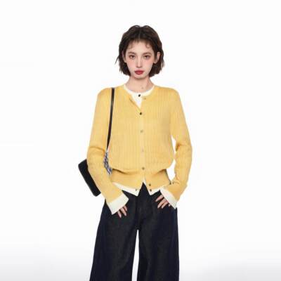 黄色假两件针织开衫女春