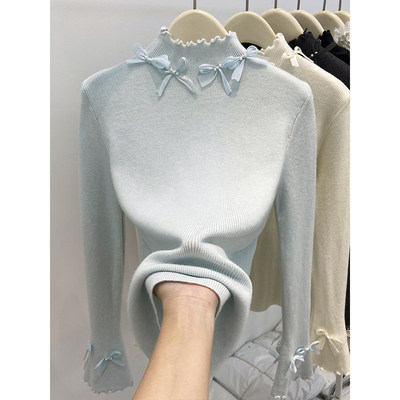 法式半高领木耳边蝴蝶结