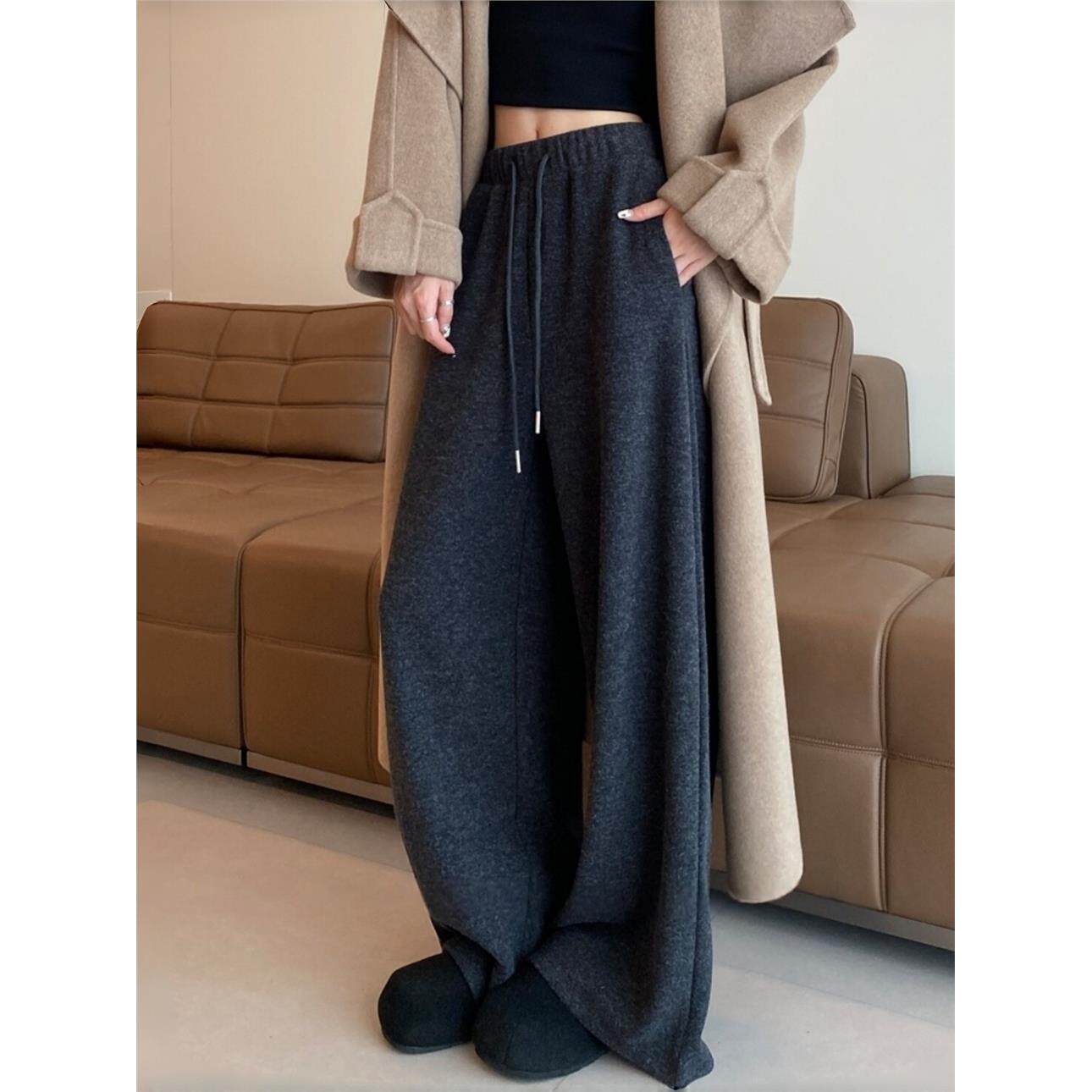 大码胖mm糯米阔腿裤女秋冬新款宽松垂感休闲裤bf慵懒风加绒直筒裤