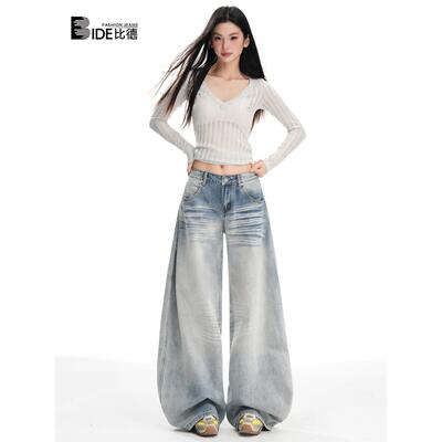 美式低腰阔腿牛仔裤女秋