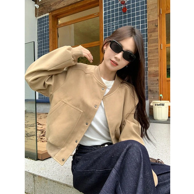 韩系卡其色棒球服毛呢外