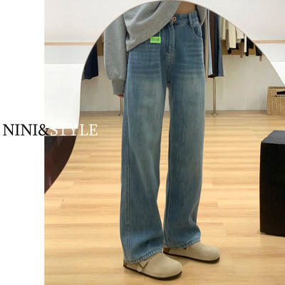 浅蓝色窄版阔腿牛仔裤女