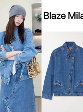 意大利折扣 Blaze Milano 复古翻领纯棉蓝色廊型宽松牛仔夹克外套