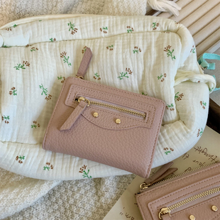 简约复古粉色钱包女韩版机车风荔枝纹高级感多卡位带拉链零钱夹子