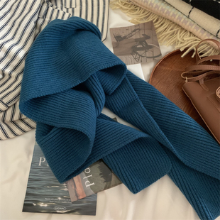 小众孔雀蓝~冬天保暖围巾女韩系氛围纯色高级感学生围脖2025新款