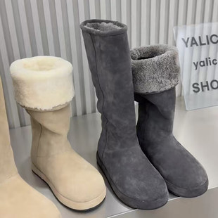 小个子厚底翻边长筒雪地靴女冬季 加厚绒东北棉靴 两穿灰色靴子新款