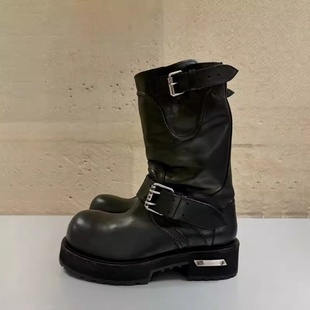 复古做旧中筒靴女英伦风皮带工装 翘头短靴子 鞋 小众米奇套筒休闲鞋