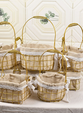 金属花篮铁艺手提花篮方形圆形花架鲜花花艺创意家居摆件