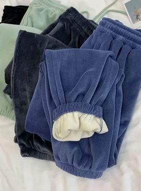 大码200斤秋冬加绒加厚休闲运动裤女胖mm宽松阔腿束脚哈伦长裤潮