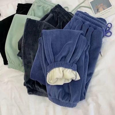 大码200斤秋冬加绒加厚休闲运动裤女胖mm宽松阔腿束脚哈伦长裤潮