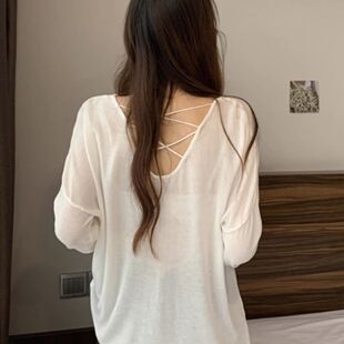 300斤露背交叉上衣长袖 罩衫 镂空T恤薄款 新款 防晒 夏季 胖mm宽松大码