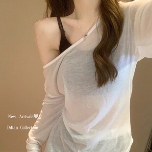 200斤外搭防晒罩衫 t恤女夏胖mm大码 宽松叠穿上衣 斜肩长袖 白色薄款