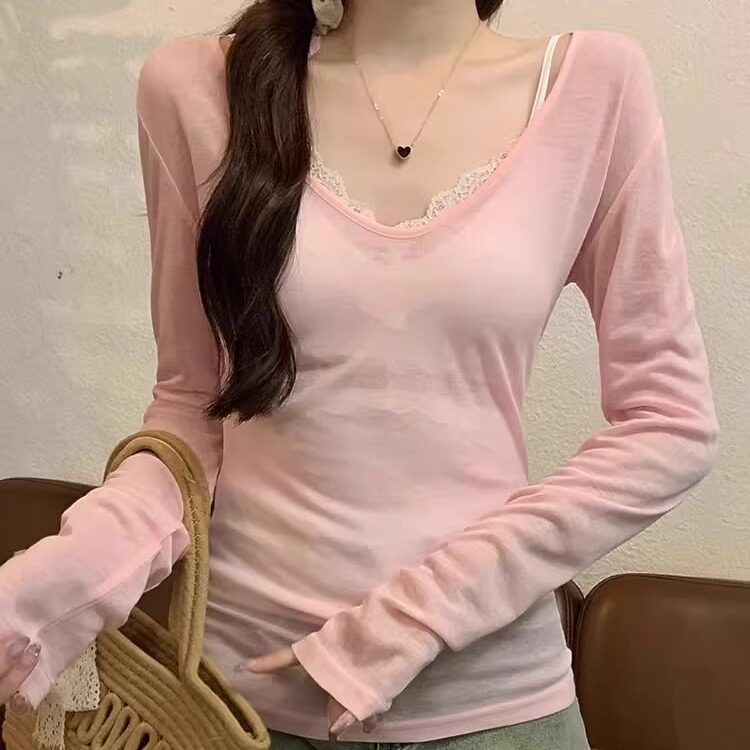 粉色露锁骨长袖空调罩衫女薄款夏季新款胖mm大码200斤v领上衣T恤