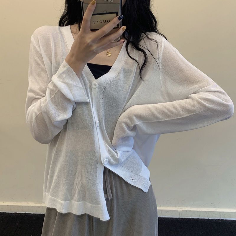 大码防晒开衫外套女夏季冰丝长袖短款胖mm薄款外搭披肩针织空调衫